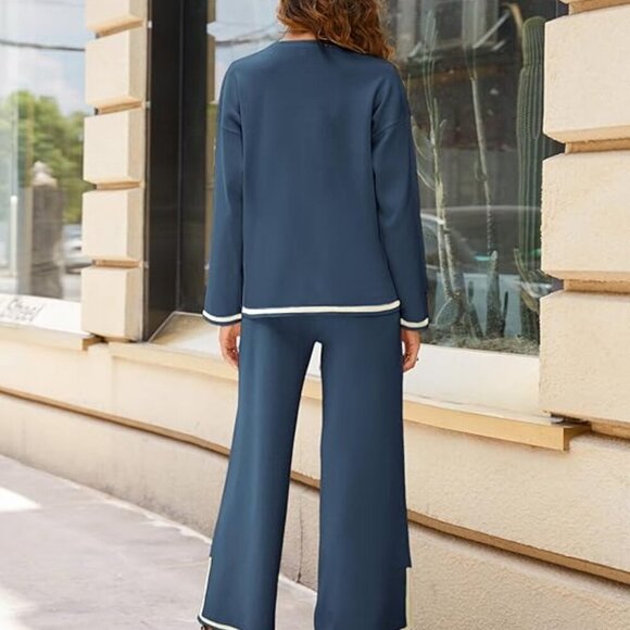 Women's Navy Long Sleeve Knit Sweater Top & Wide Leg Pants Lounge Set - Picture 6 of 6